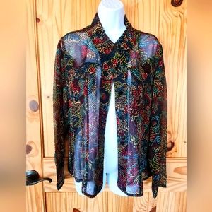 Chico's Silk LS Sleeve Front Pockets Sheer Abstract Tribal Print Silk EUC Size 1